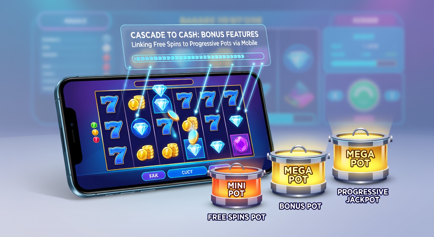 Mobile slot interface displaying a cascading free spin sequence feeding a glowing progressive jackpot bar