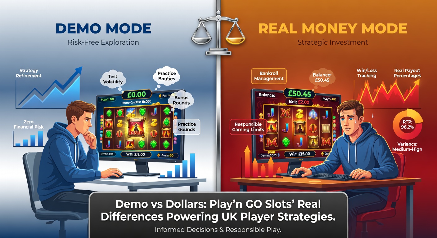 Comparative chart illustrating RTP differences and volatility graphs for Play'n GO demo versus real money slots, with UK player win rates overlaid