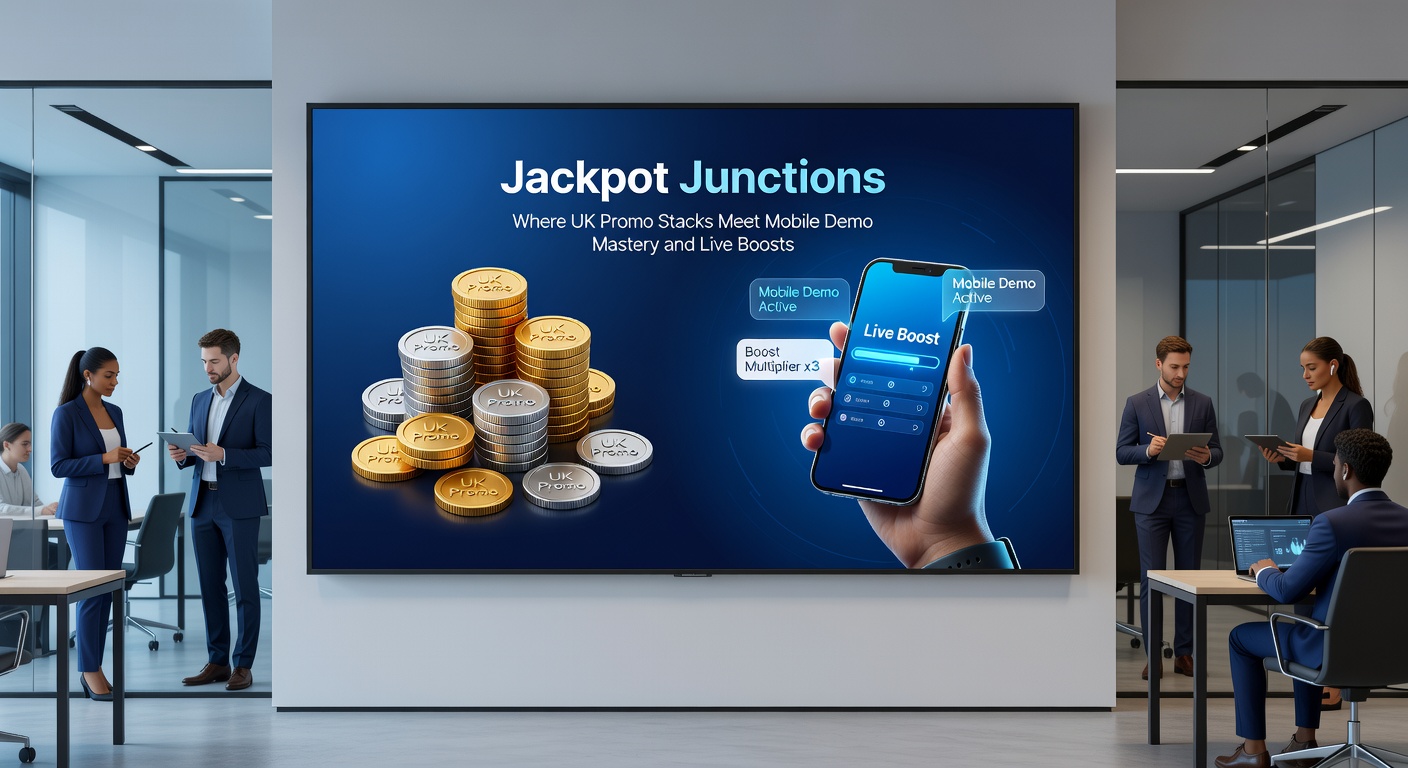 Dynamic split-screen of a UK player stacking promos on mobile demo transitioning to live dealer jackpot hit, with glowing boost icons