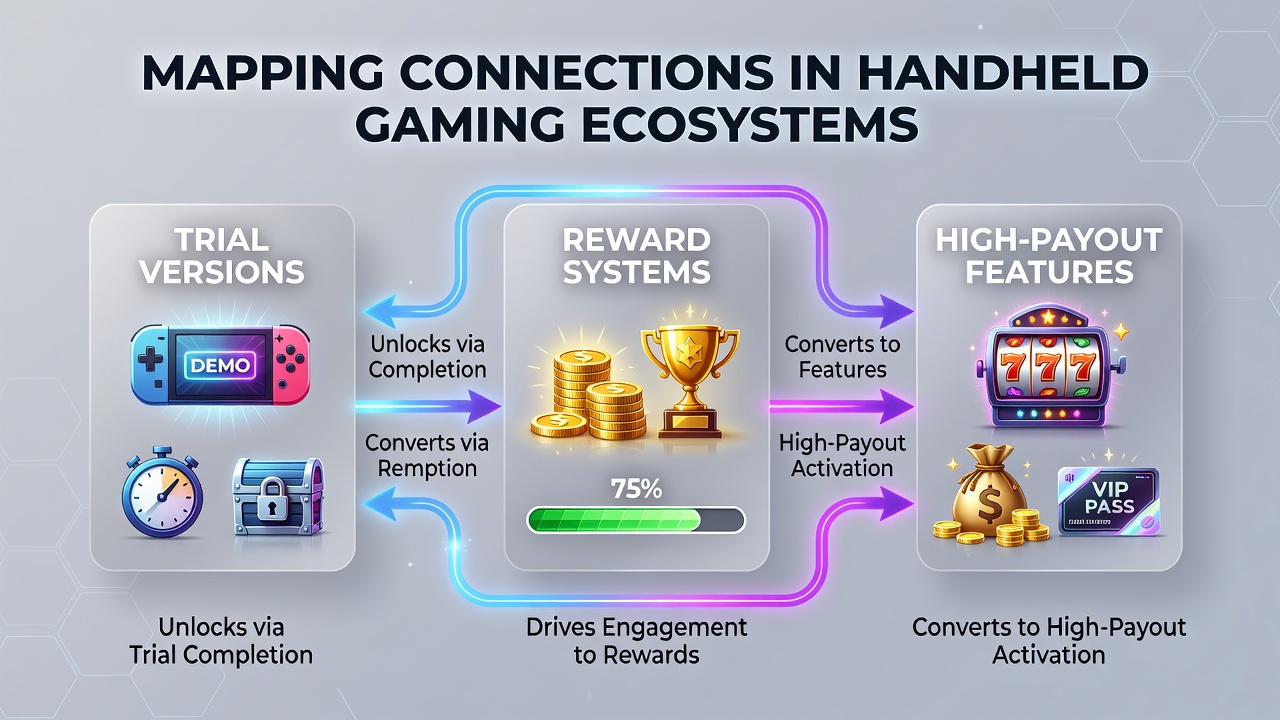 Diagram illustrating reward system tiers linking demo trials to high-payout mobile features