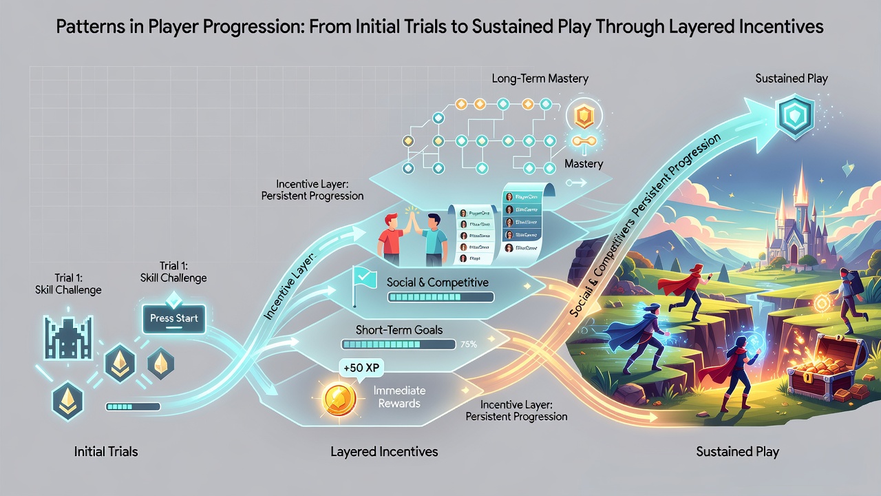 Illustration showing layered incentive structures and assistance channels supporting long-term player retention