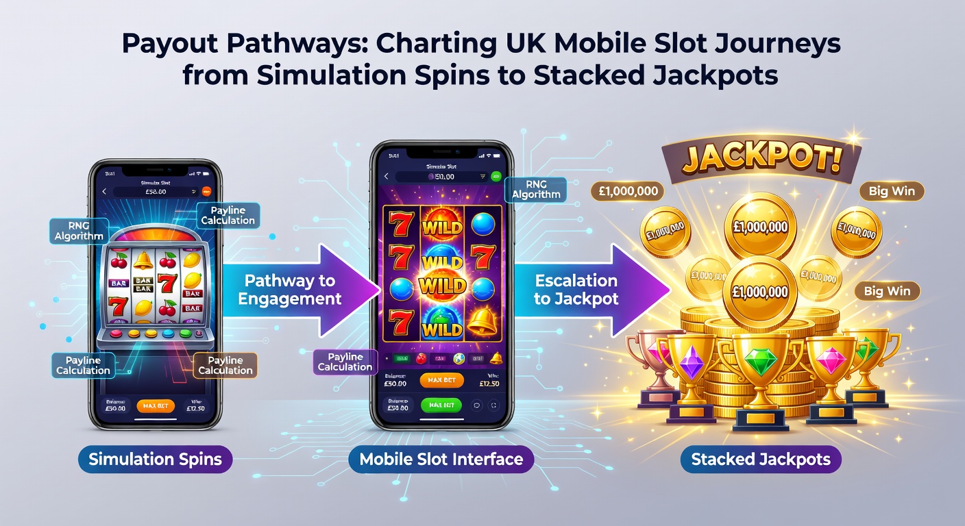 Dynamic chart illustrating payout progression from demo mode to stacked jackpot explosion on UK mobile slots
