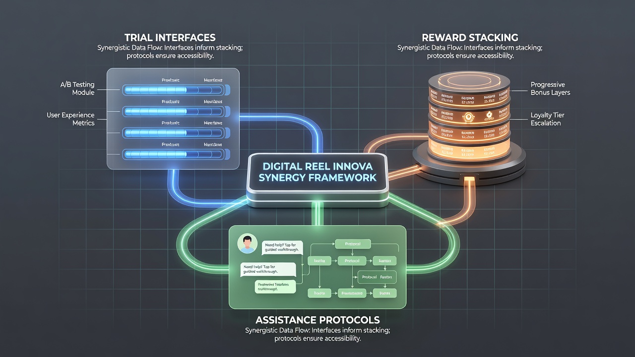 Diagram illustrating connections between trial interfaces, stacked rewards, and live assistance in reel-based platforms