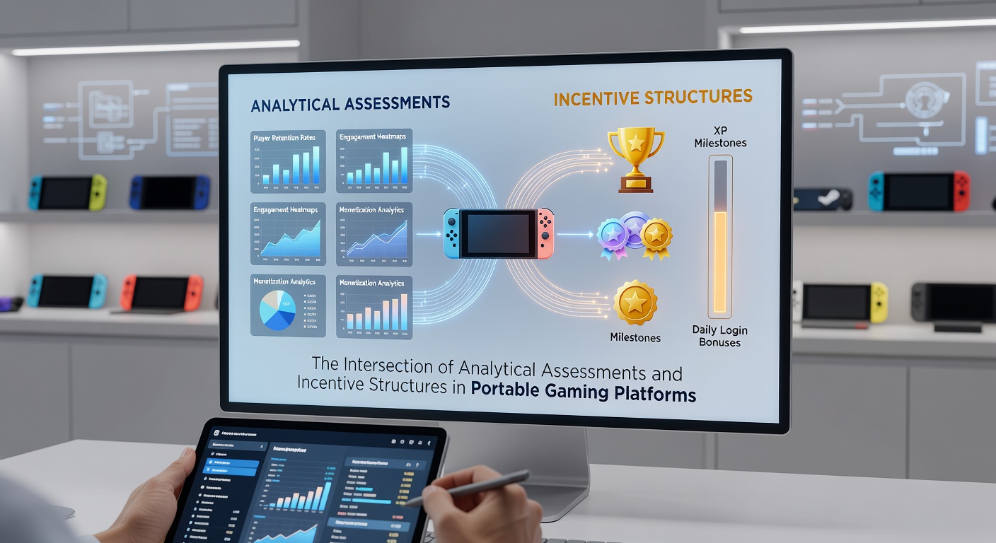 Illustration of mobile device connecting analytical charts with incentive reward icons leading toward prize symbols