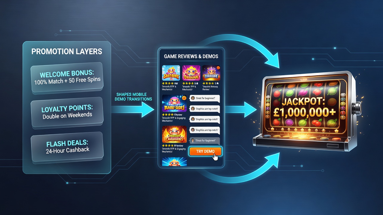 Mobile slot demo transitioning to real play with promotional overlays and jackpot meter visible
